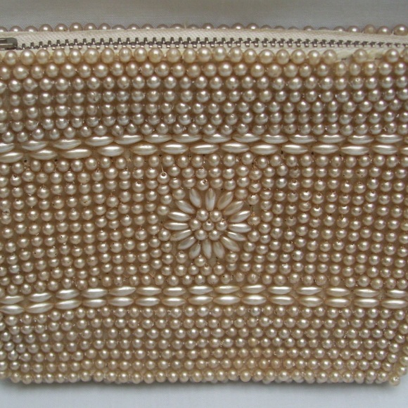 Champagne Faux Pearl Beaded Evening Bag Vintage - Picture 3 of 4